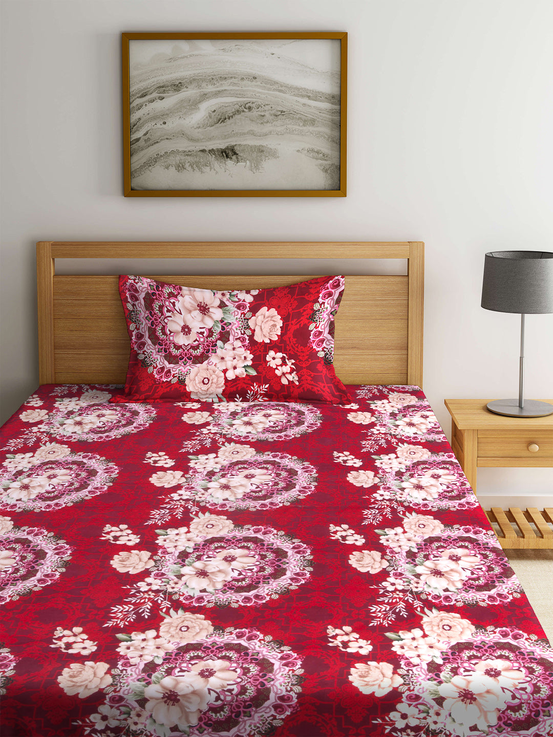 Arrabi Red Floral TC Cotton Blend Single Size Fitted Bedsheet with 1 Pillow Cover (220 X 150 cm)