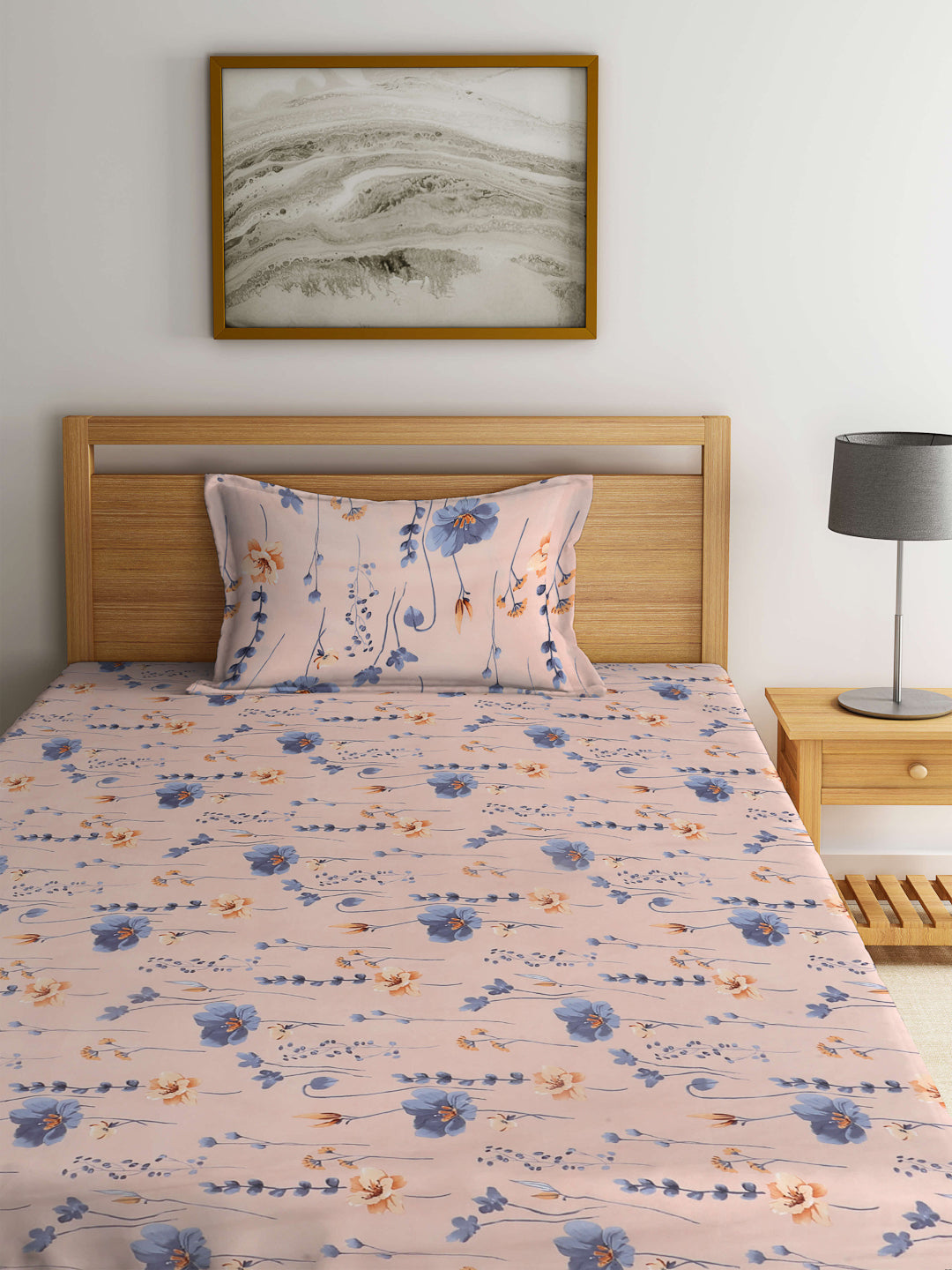 Arrabi Peach Floral TC Cotton Blend Single Size Fitted Bedsheet with 1 Pillow Cover (215 x 150 cm)