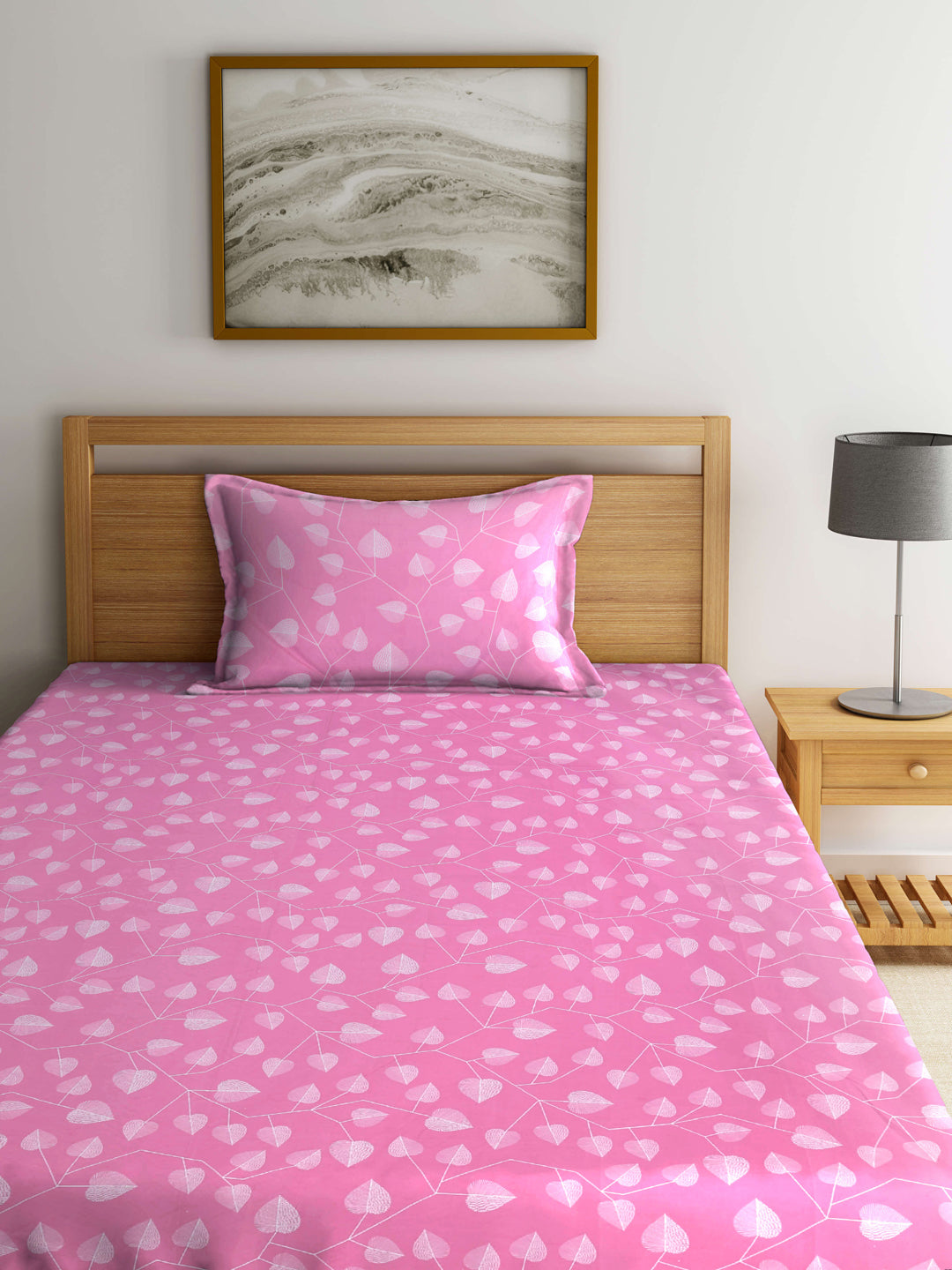 Arrabi Pink Leaf TC Cotton Blend Single Size Fitted Bedsheet with 1 Pillow Cover (220 X 150 cm)