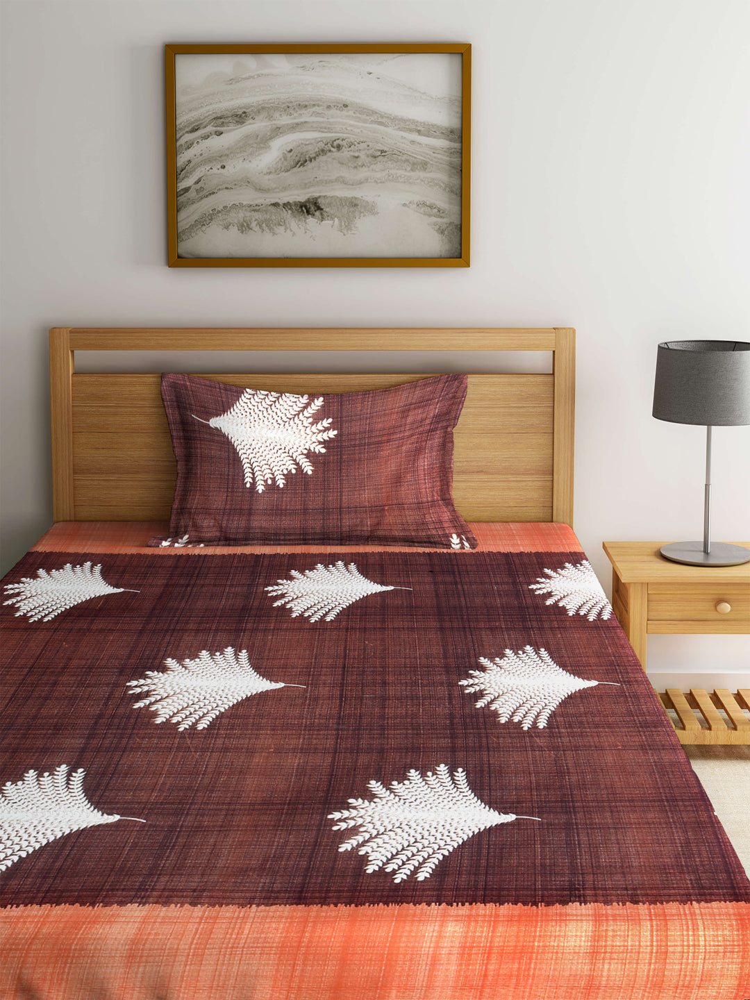 Arrabi Brown Floral TC Cotton Blend Single Size Fitted Bedsheet with 1 Pillow Cover (220 X 150 cm)
