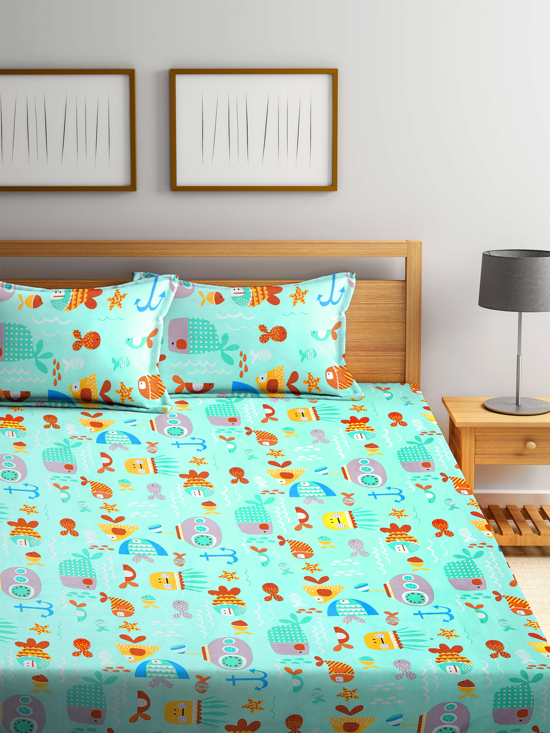 Arrabi Multi Cartoon TC Cotton Blend King Size Bookfold Bedsheet with 2 Pillow Covers (250 X 220 cm)