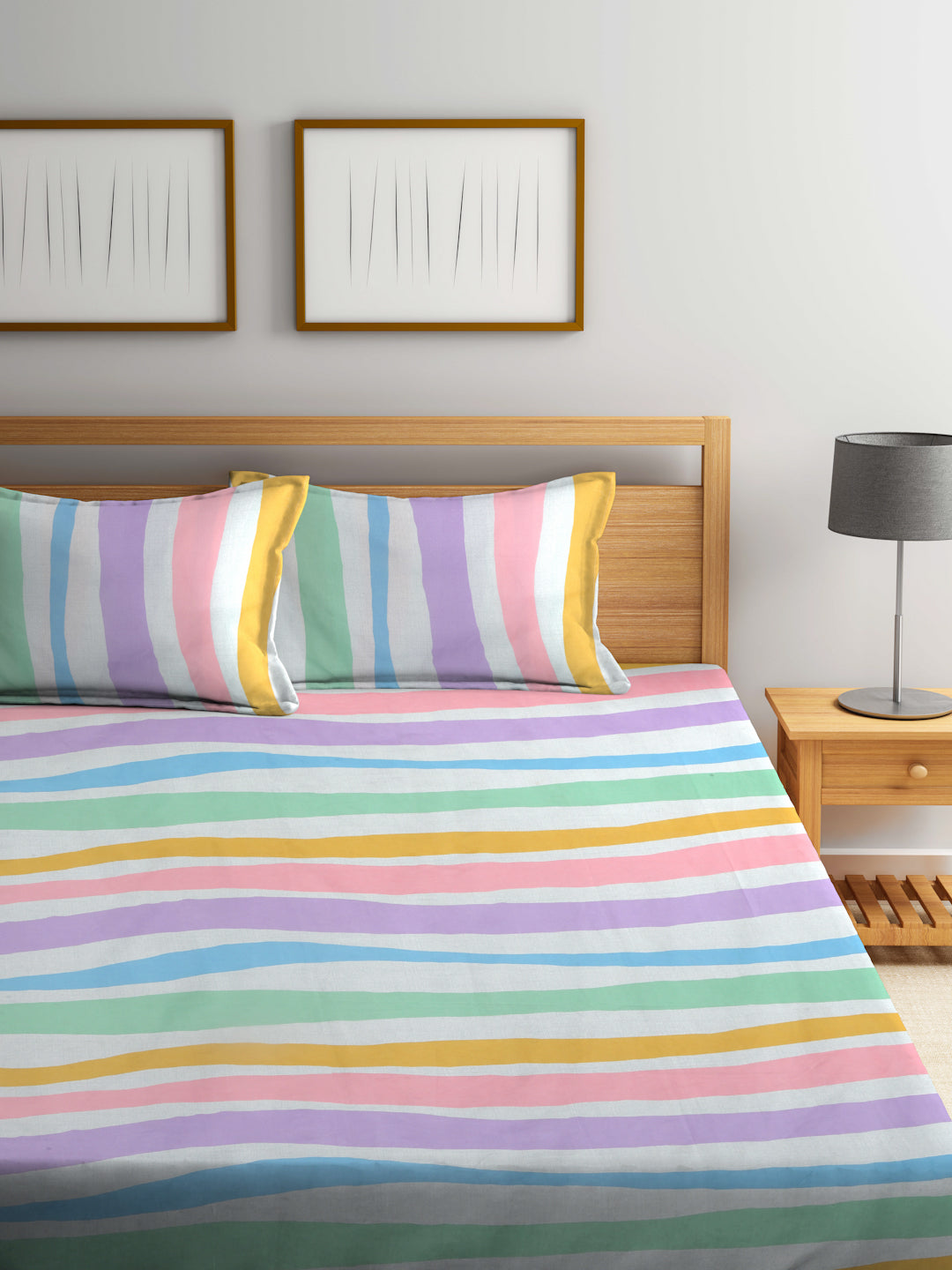 Arrabi Multi Stripes TC Cotton Blend King Size Bedsheet with 2 Pillow Covers (250 X 215 cm)