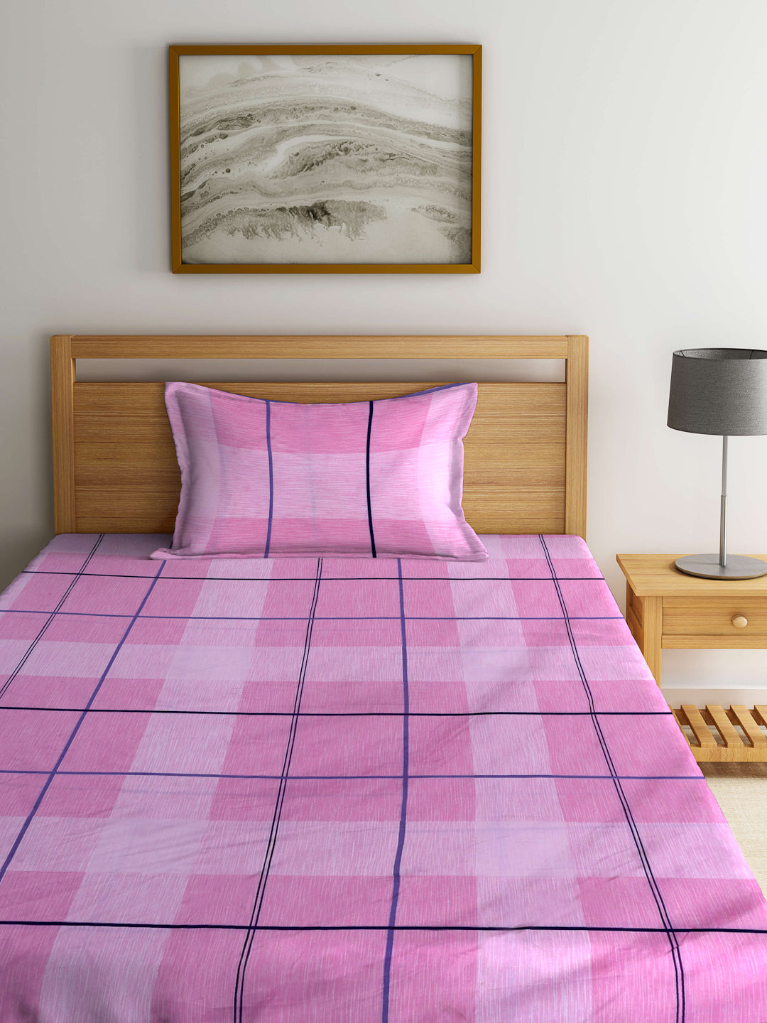 Arrabi Pink Geometric TC Cotton Blend Single Size Bedsheet with 1 Pillow Cover (215 x 150 cm)