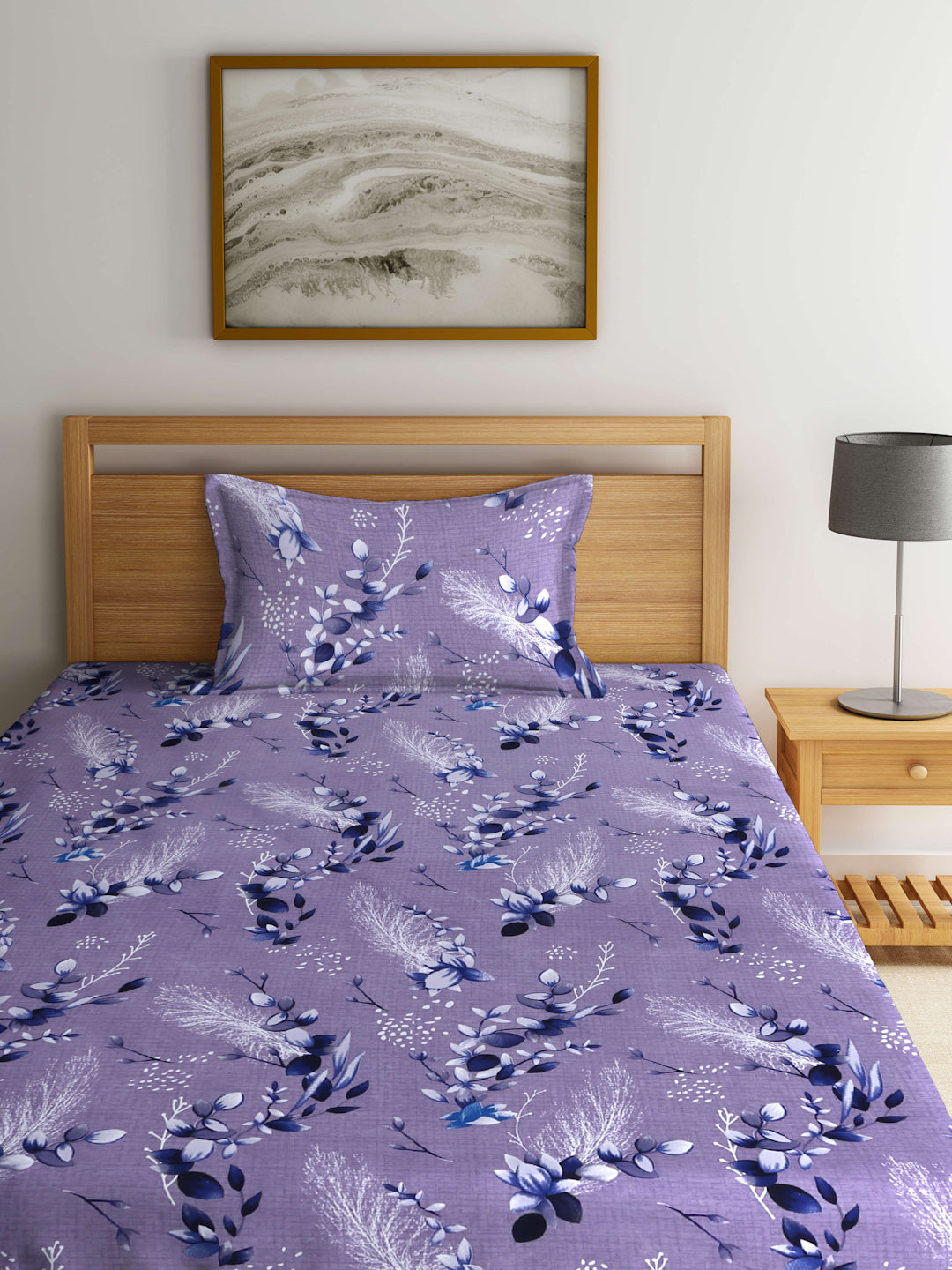 Arrabi Grey Floral TC Cotton Blend Single Size Fitted Bedsheet with 1 Pillow Cover (215 X 150 cm)