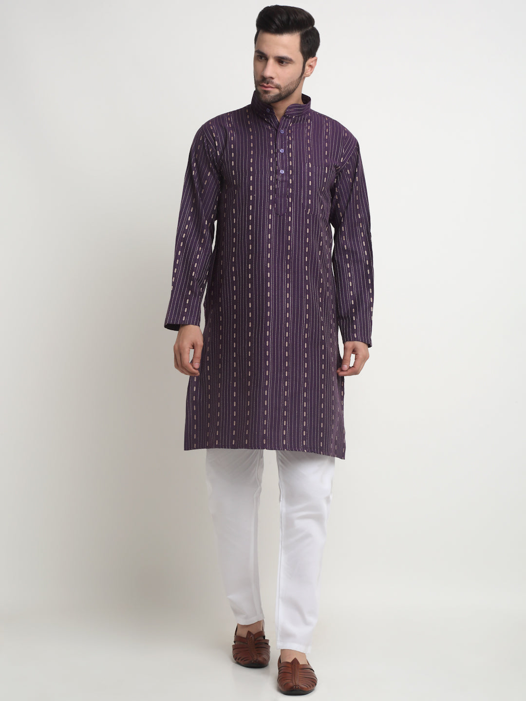 Arrabi Men Purple Pure Cotton Geometric Kurta Pyjama Set with Pockets