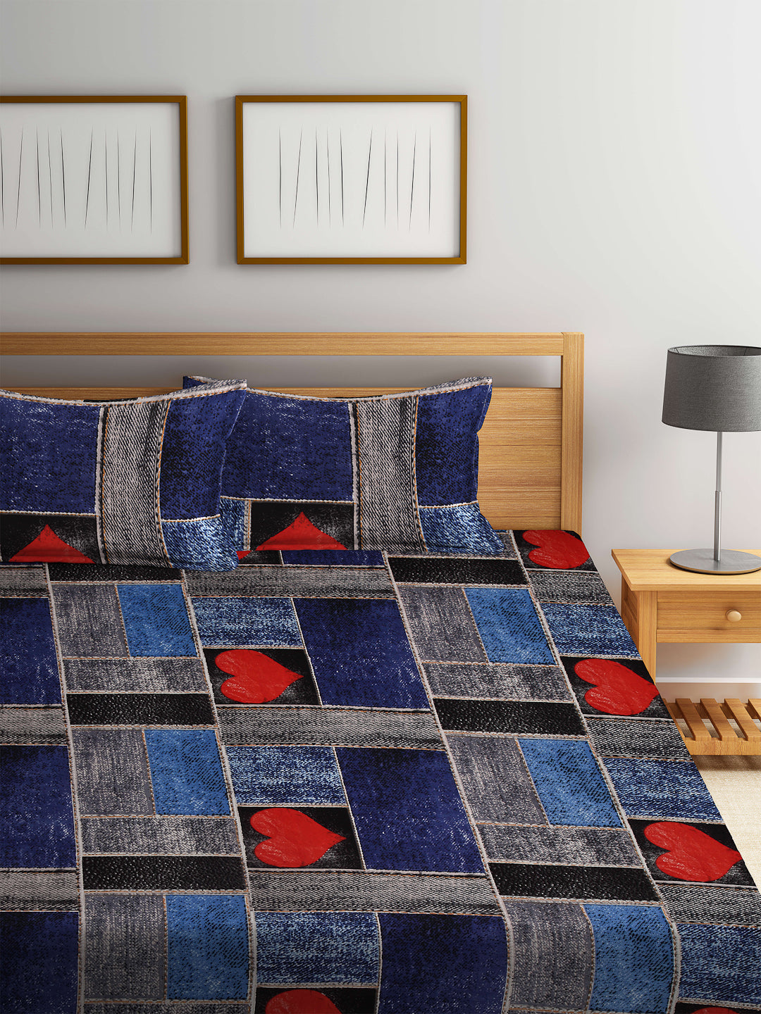 Arrabi Multi Geometric TC Cotton Blend King Size Bookfold Bedsheet with 2 Pillow Covers (250 X 220 cm)
