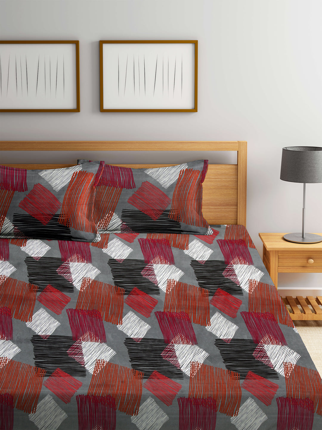 Arrabi Multi Graphic TC Cotton Blend King Size Bookfold Bedsheet with 2 Pillow Covers (250 X 220 cm)