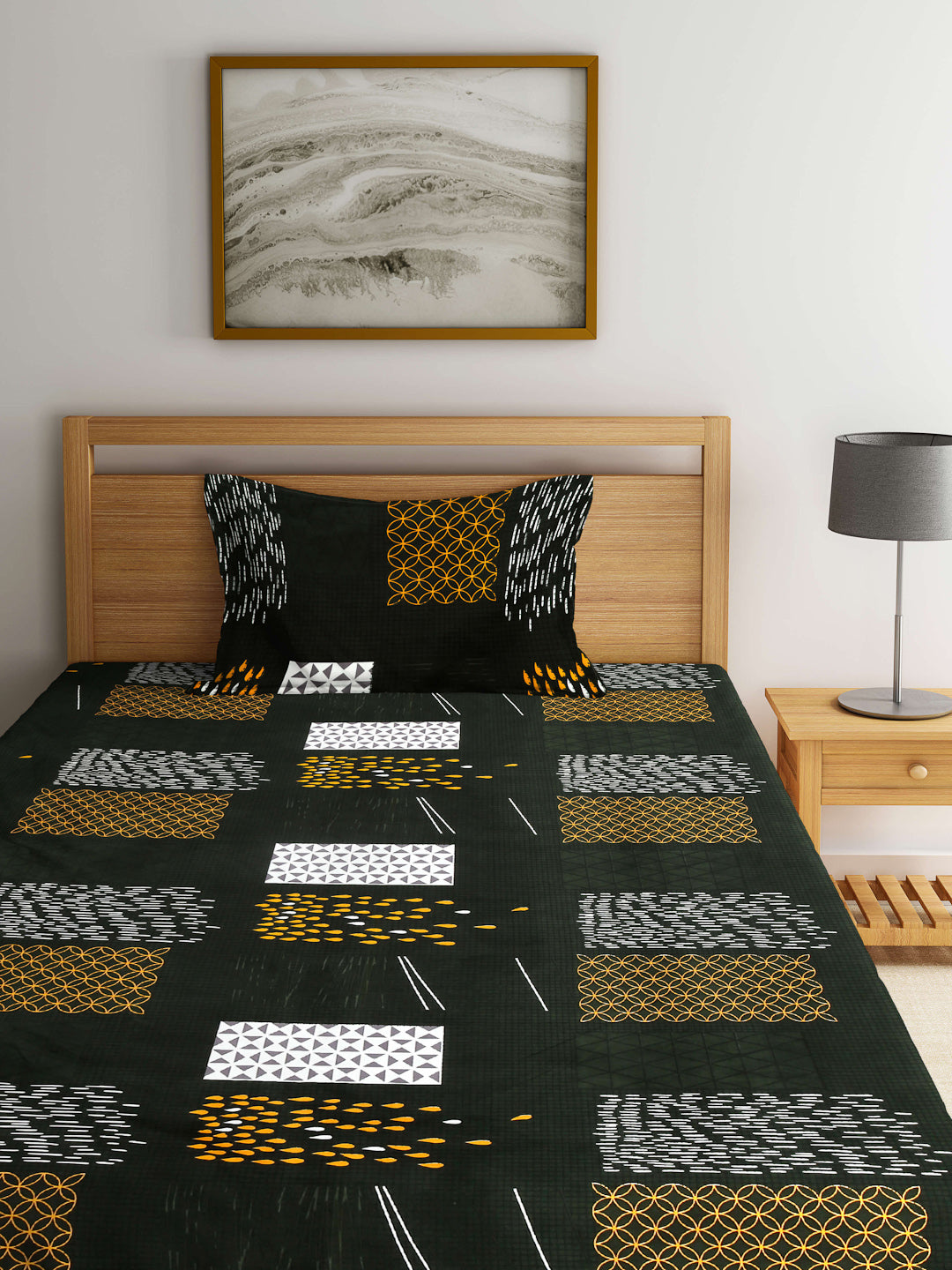 Arrabi Green Geometric TC Cotton Blend Single Size Fitted Bedsheet with 1 Pillow Cover (215 X 150 cm)