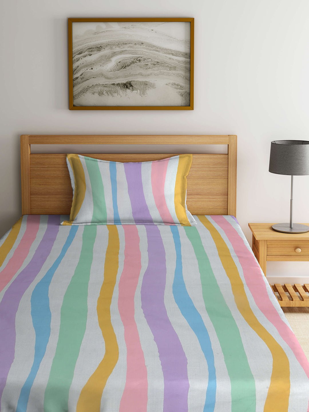 Arrabi Multi Stripes TC Cotton Blend Single Size Fitted Bedsheet with 1 Pillow Cover (215 x 150 cm)