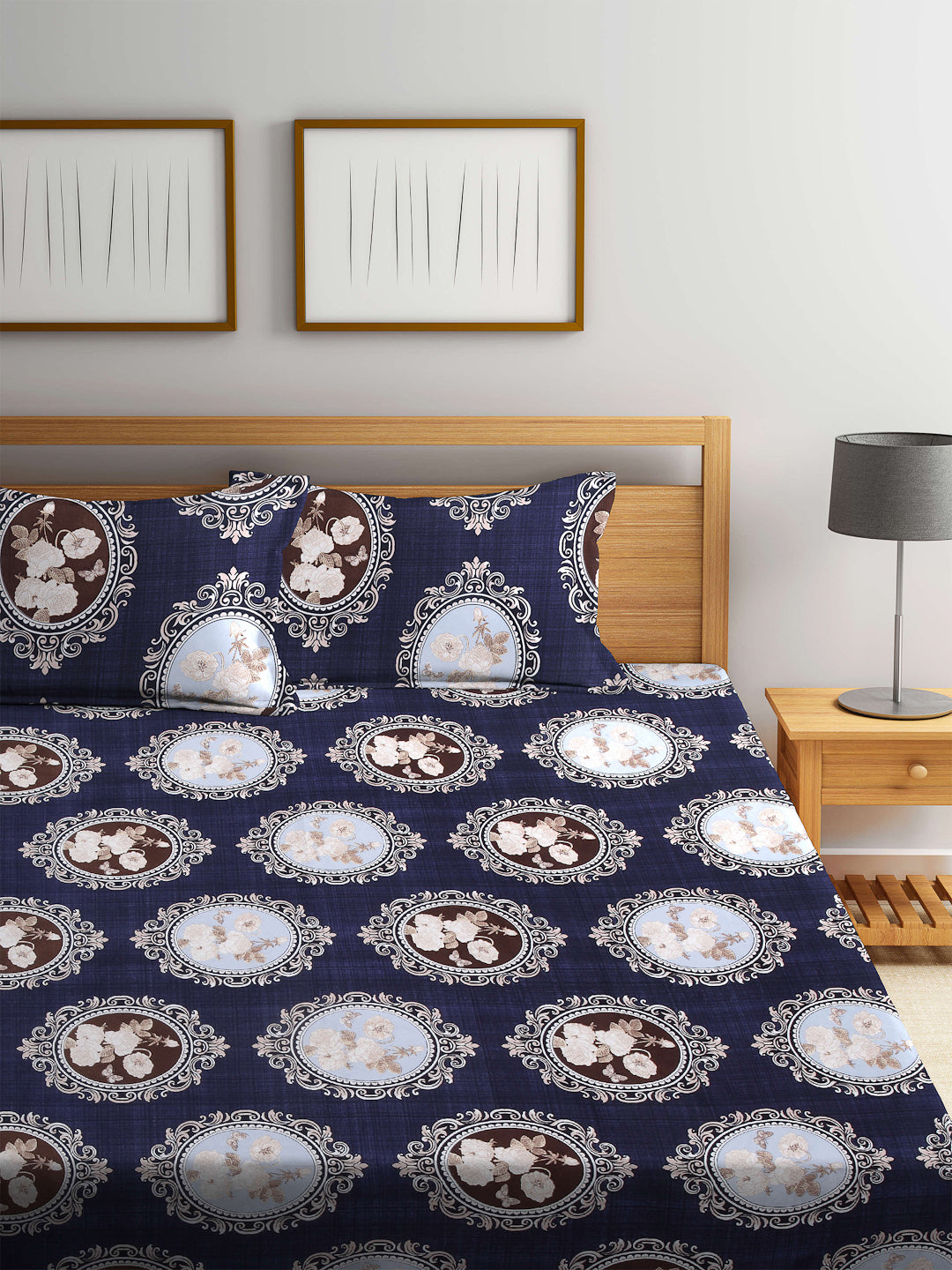 Arrabi Blue Floral TC Cotton Blend Double Size Bedsheet with 2 Pillow Covers (250 X 225 cm)