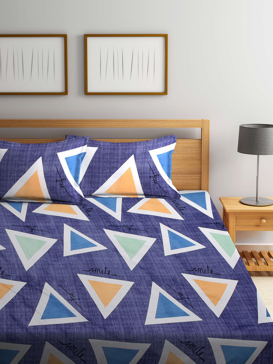 Arrabi Multi Geometric TC Cotton Blend Super King Size Bookfold Bedsheet with 2 Pillow Covers (270 X 260 cm)