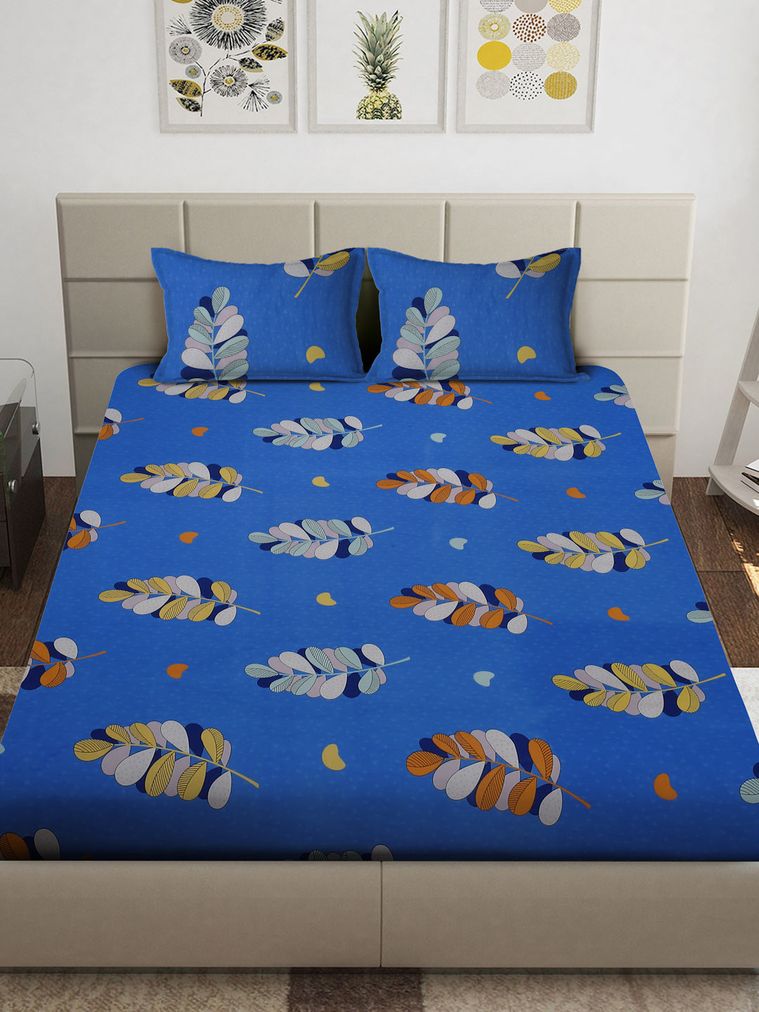 Arrabi Blue Leaf TC Cotton Blend King Size Bedsheet with 2 Pillow Covers (250 x 215 cm)