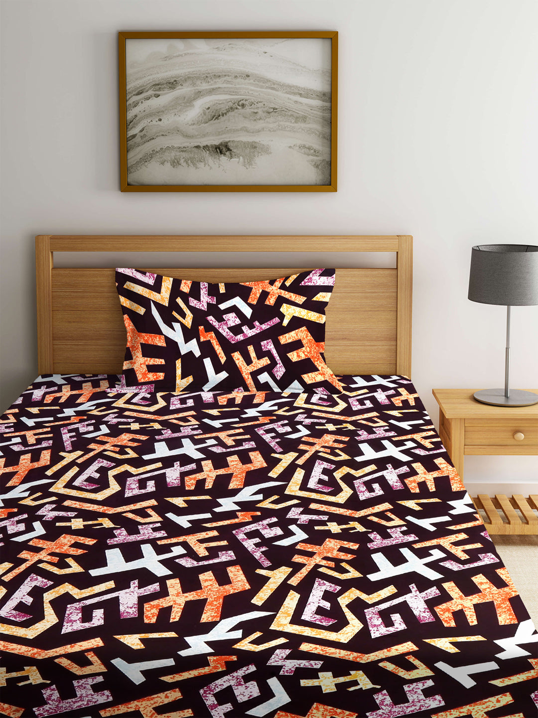 Arrabi Multi Graphic TC Cotton Blend Single Size Fitted Bedsheet with 1 Pillow Cover (220 X 150 cm)