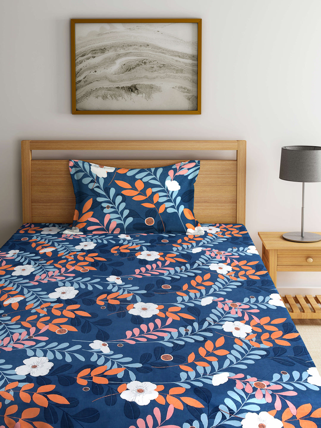 Arrabi Blue Floral TC Cotton Blend Single Size Fitted Bedsheet with 1 Pillow Cover (215 X 150 cm)