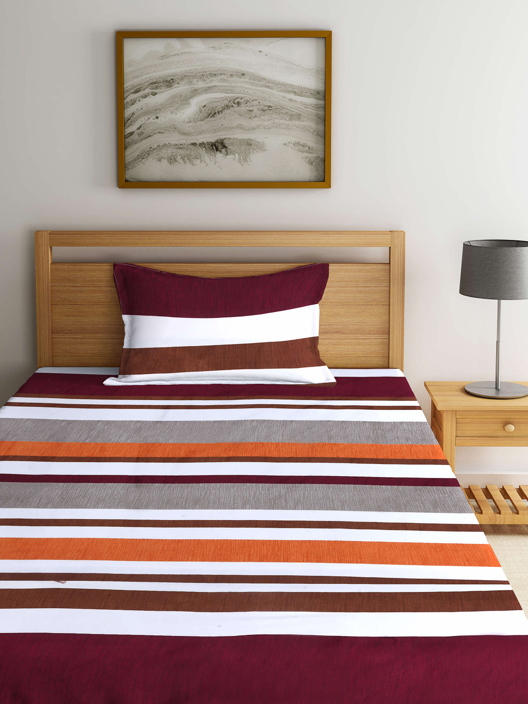 Arrabi Multi Stripes TC Cotton Blend Single Size Bedsheet with 1 Pillow Cover (220 x 150 cm)
