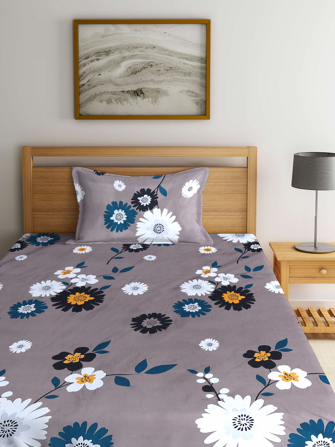 Arrabi Brown Floral TC Cotton Blend Single Size Bedsheet with 1 Pillow Cover (220 x 150 cm)