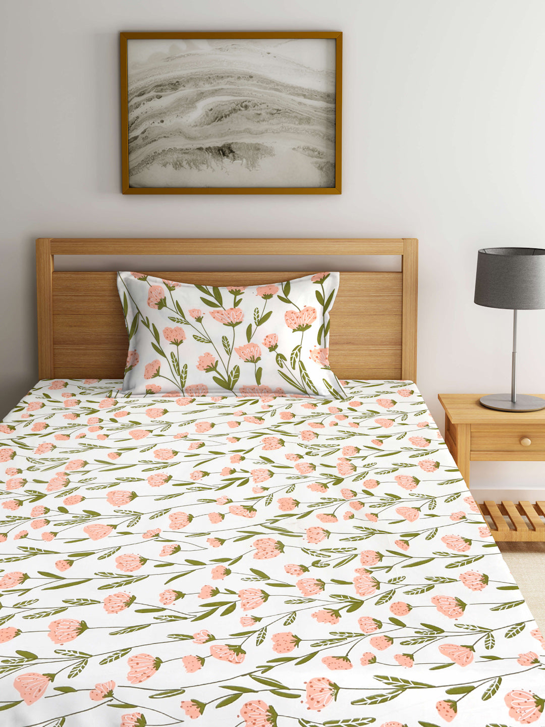 Arrabi Cream Floral TC Cotton Blend Single Size Fitted Bedsheet with 1 Pillow Cover (215 X 150 cm)