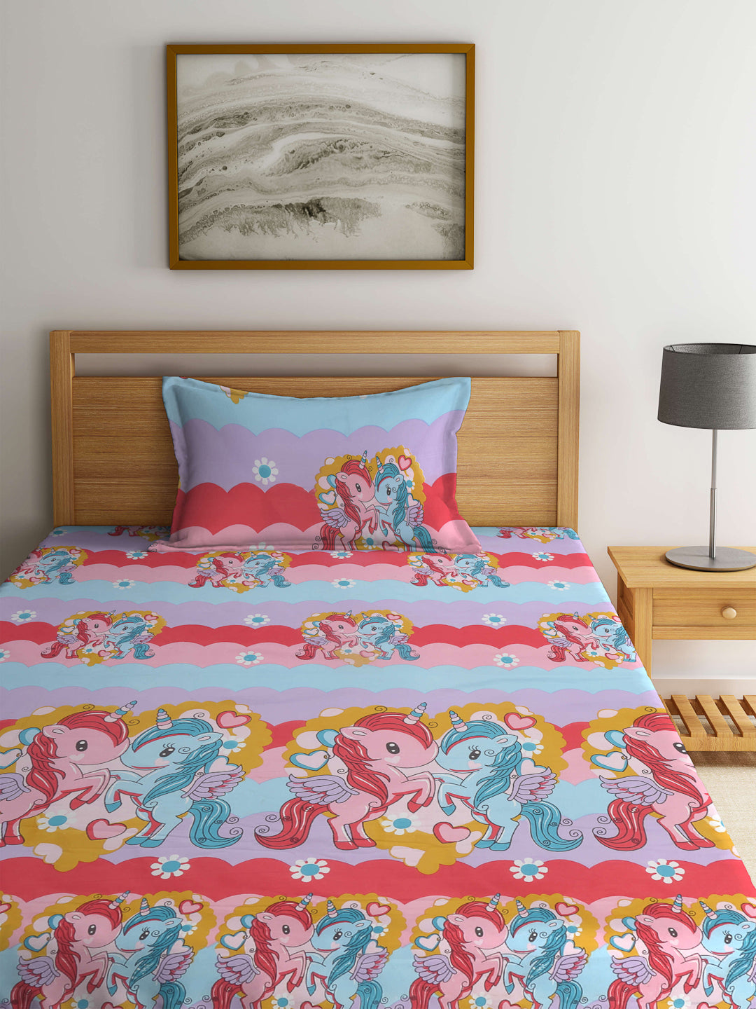 Arrabi Multi Cartoon TC Cotton Blend Single Size Bedsheet with 1 Pillow Cover (215 x 150 cm)