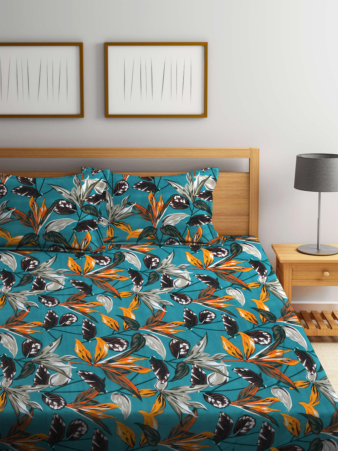 Arrabi Multi Leaf TC Cotton Blend King Size Bookfold Bedsheet with 2 Pillow Covers (250 X 220 cm)