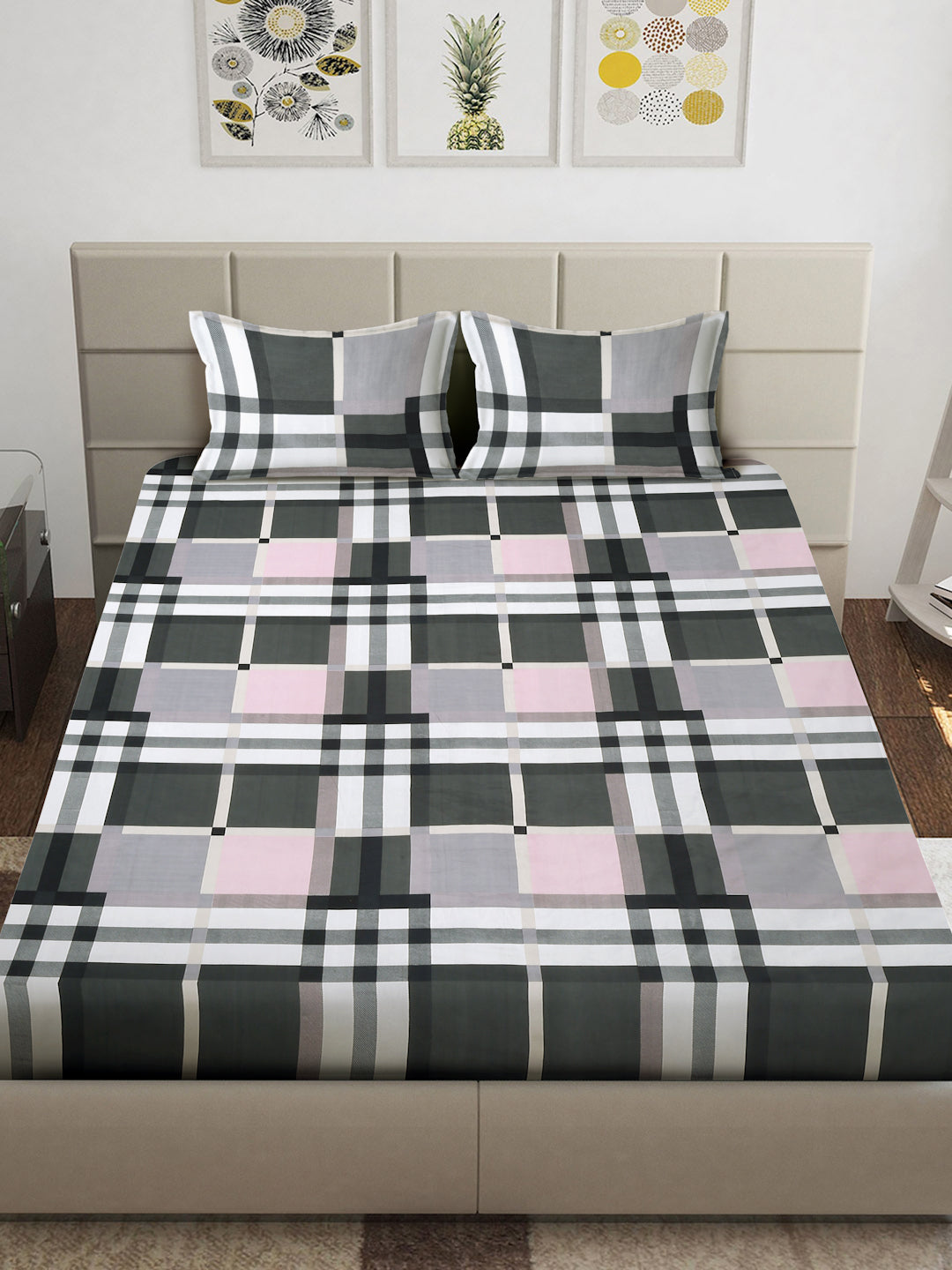 Arrabi Multi Geometric TC Cotton Blend King Size Bedsheet with 2 Pillow Covers (250 x 215 cm)