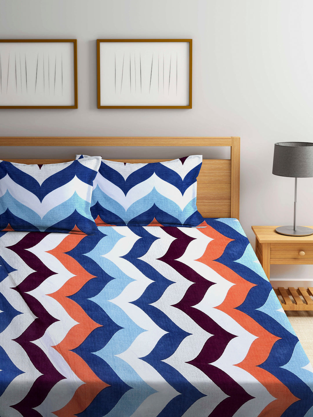 Arrabi Multi Graphic TC Cotton Blend Super King Size Bookfold Bedsheet with 2 Pillow Covers (270 X 260 cm)