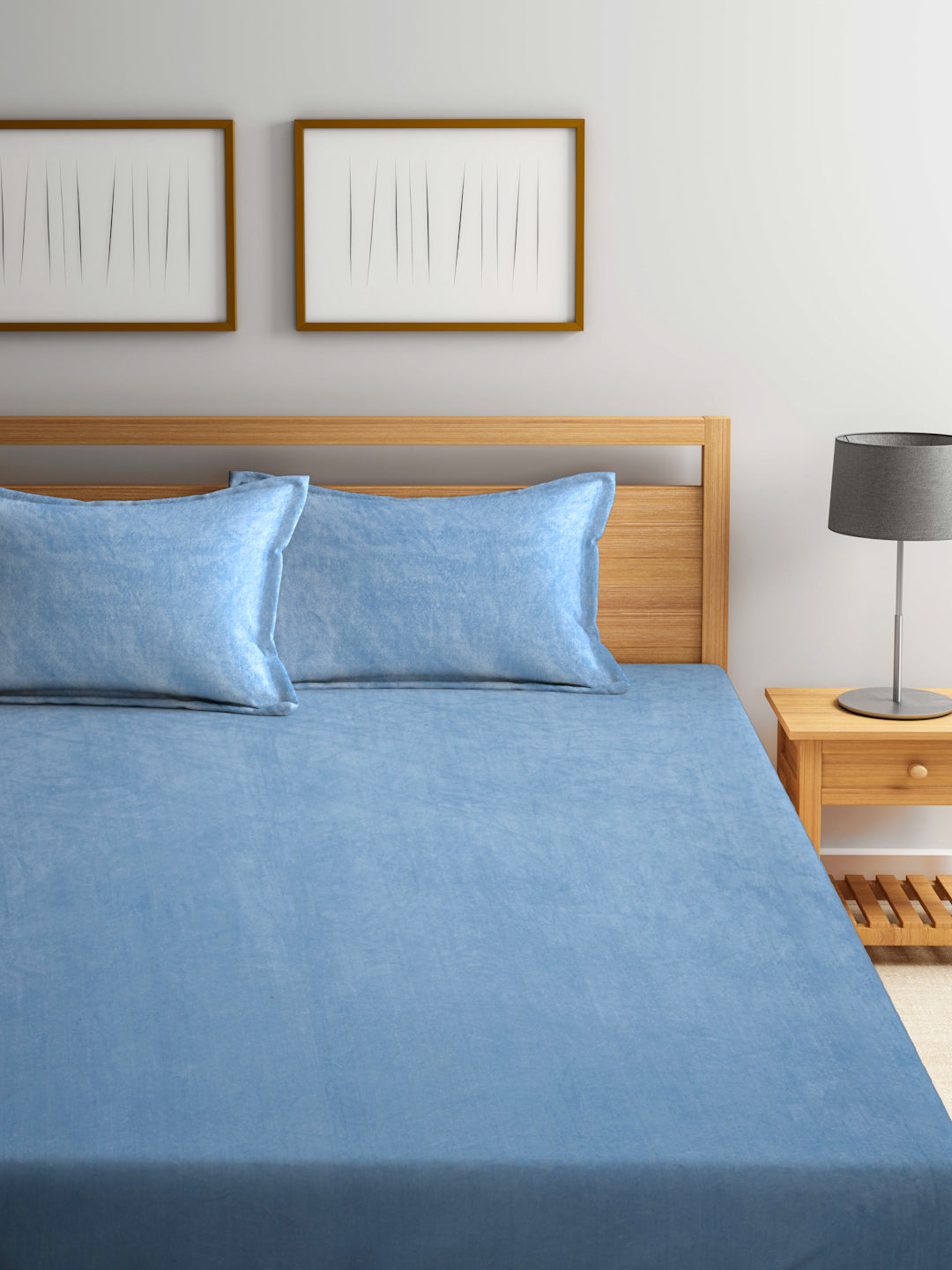Arrabi SkyBlue Solid King Size Warm Woolen Fitted Bedsheet with 2 Pillow Covers