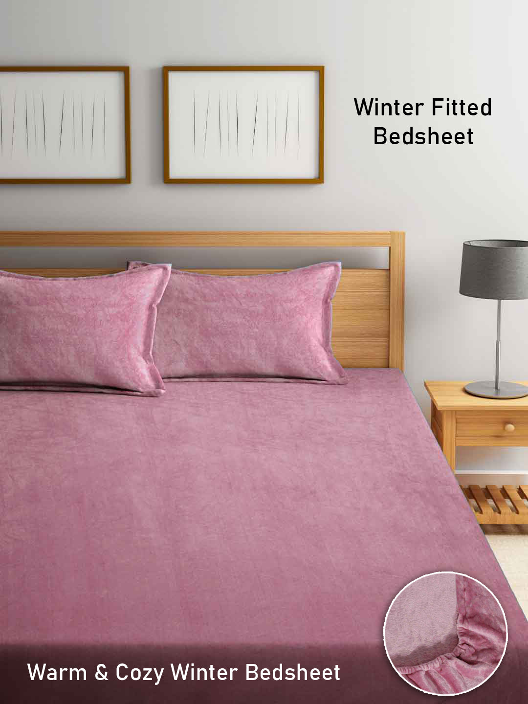Arrabi Pink Solid King Size Warm Woolen Fitted Bedsheet with 2 Pillow Covers