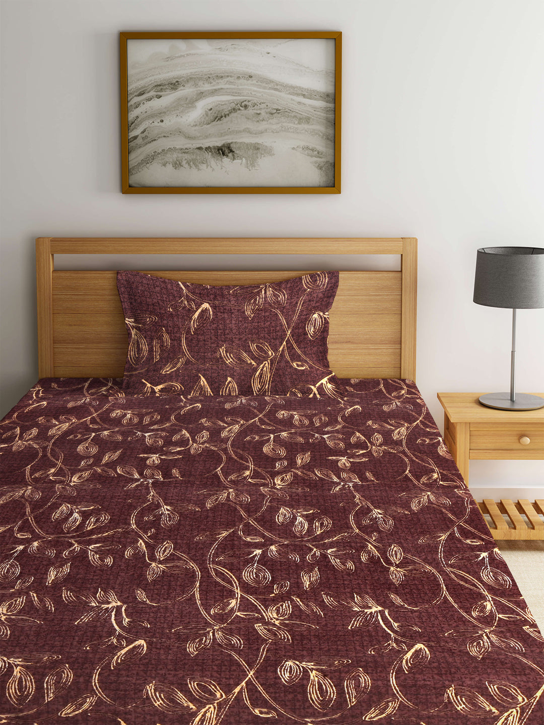 Arrabi Brown Leaf TC Cotton Blend Single Size Fitted Bedsheet with 1 Pillow Cover (220 X 150 cm)