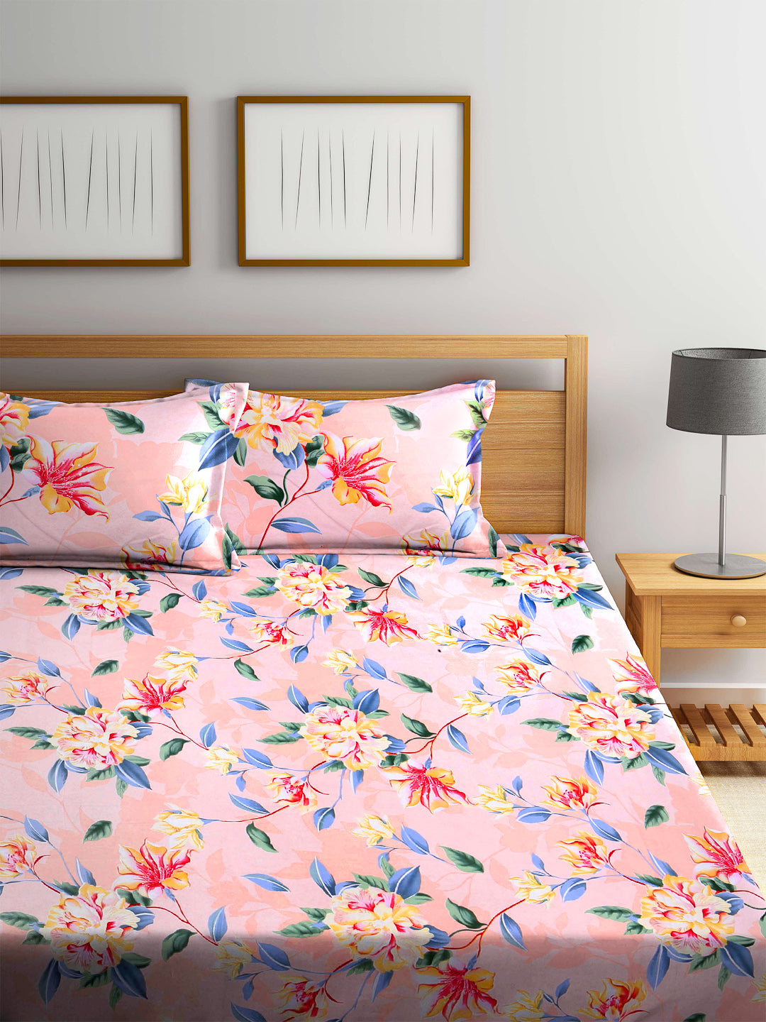 Arrabi Peach Floral TC Cotton Blend King Size Bookfold Bedsheet with 2 Pillow Covers (250 X 220 cm)