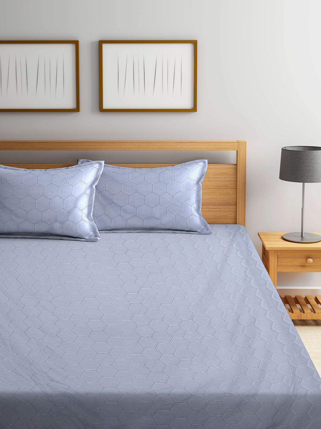 Arrabi Grey Geometric TC Cotton Blend King Size Bookfold Bedsheet with 2 Pillow Covers (250 X 215 cm)
