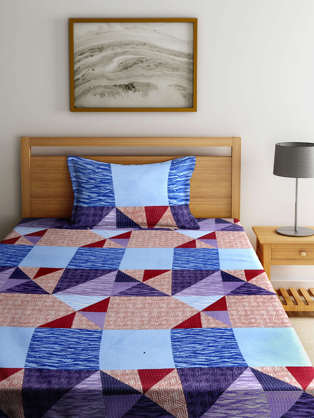 Arrabi Multi Geometric TC Cotton Blend Single Size Fitted Bedsheet with 1 Pillow Cover (220 X 150 cm)