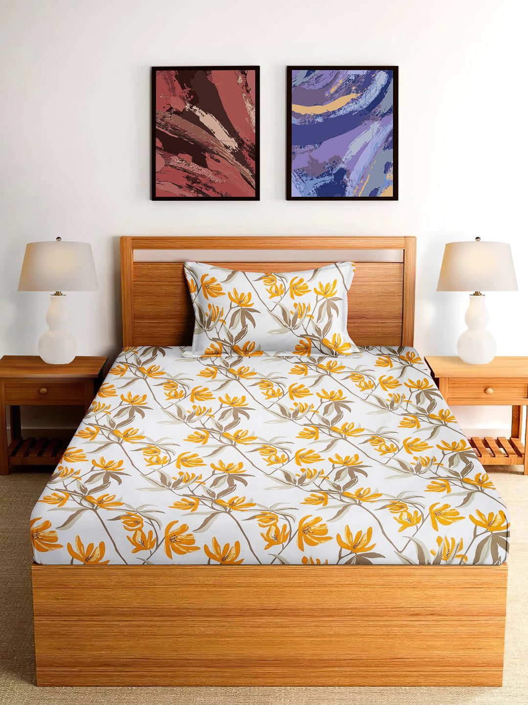 Arrabi Multi Leaf TC Cotton Blend Single Size Fitted Bedsheet with 1 Pillow Cover (215 x 150 cm)