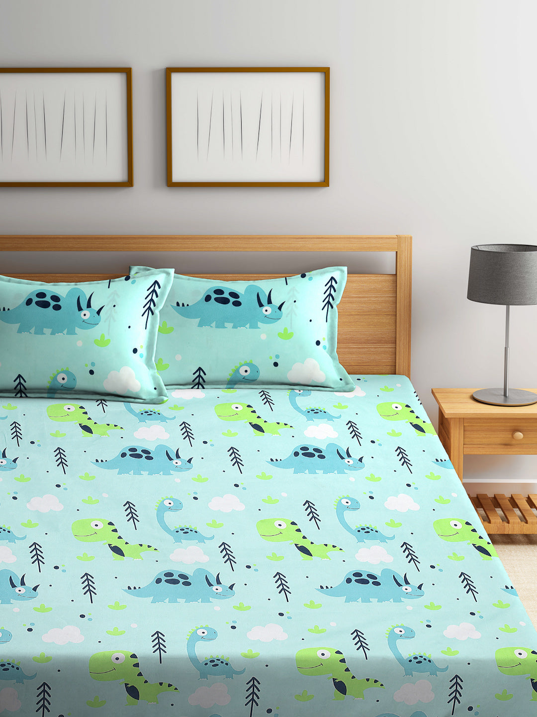 Arrabi Green Cartoon TC Cotton Blend King Size Bookfold Bedsheet with 2 Pillow Covers (250 X 215 cm)
