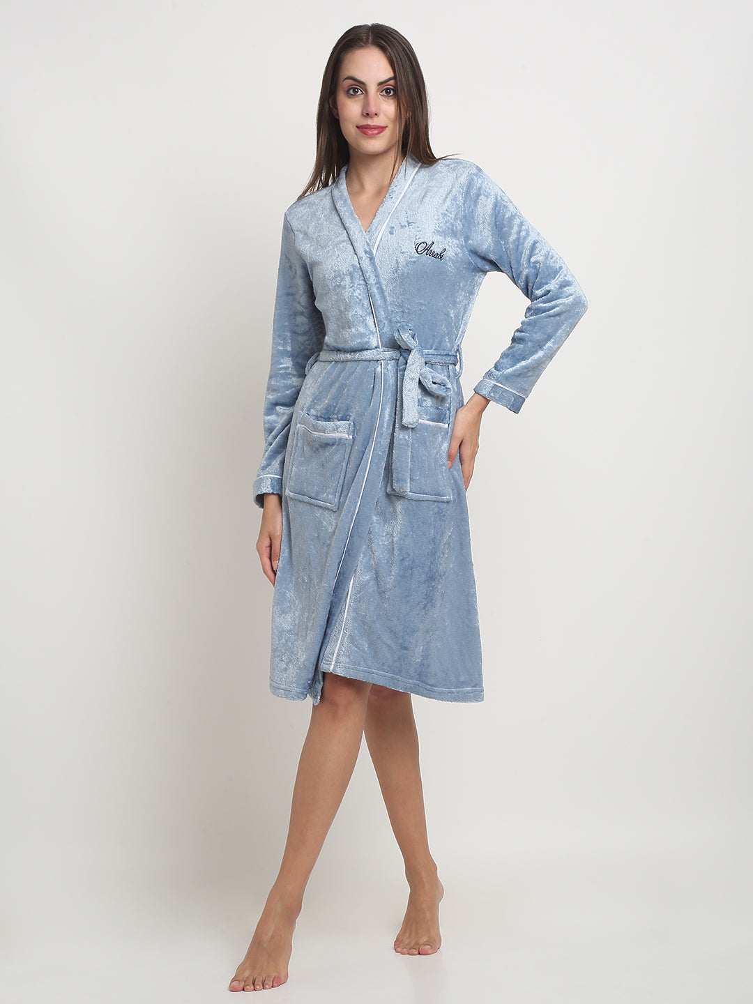 Arrabi Women Blue Warm Woolen Striped Bath Robe With Pockets