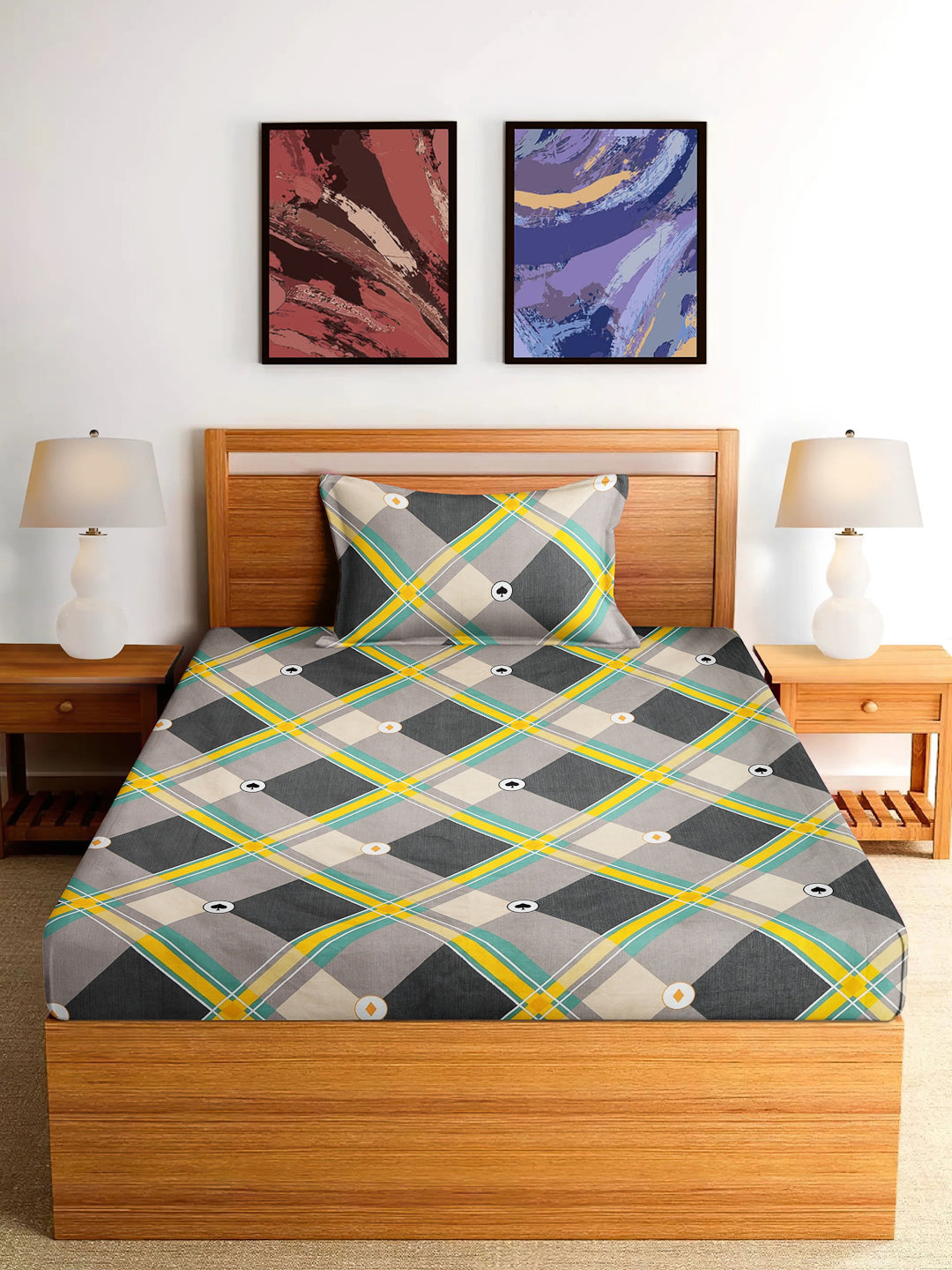 Arrabi Multi Geometric TC Cotton Blend Single Size Fitted Bedsheet with 1 Pillow Cover (215 x 150 cm)