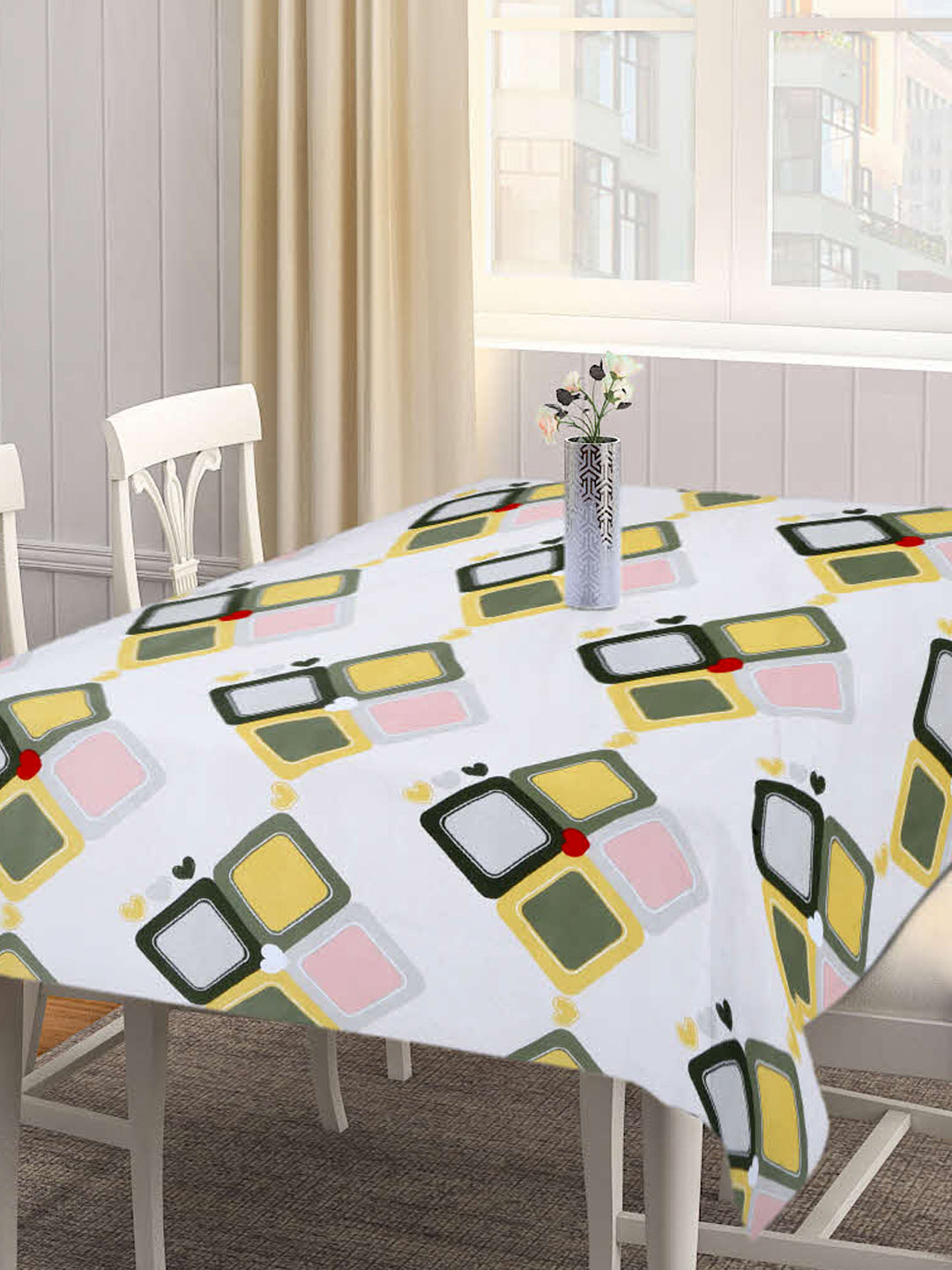 Arrabi Peach Geometric Cotton Blend 6 SEATER Table Cover (180 X 130 cm)