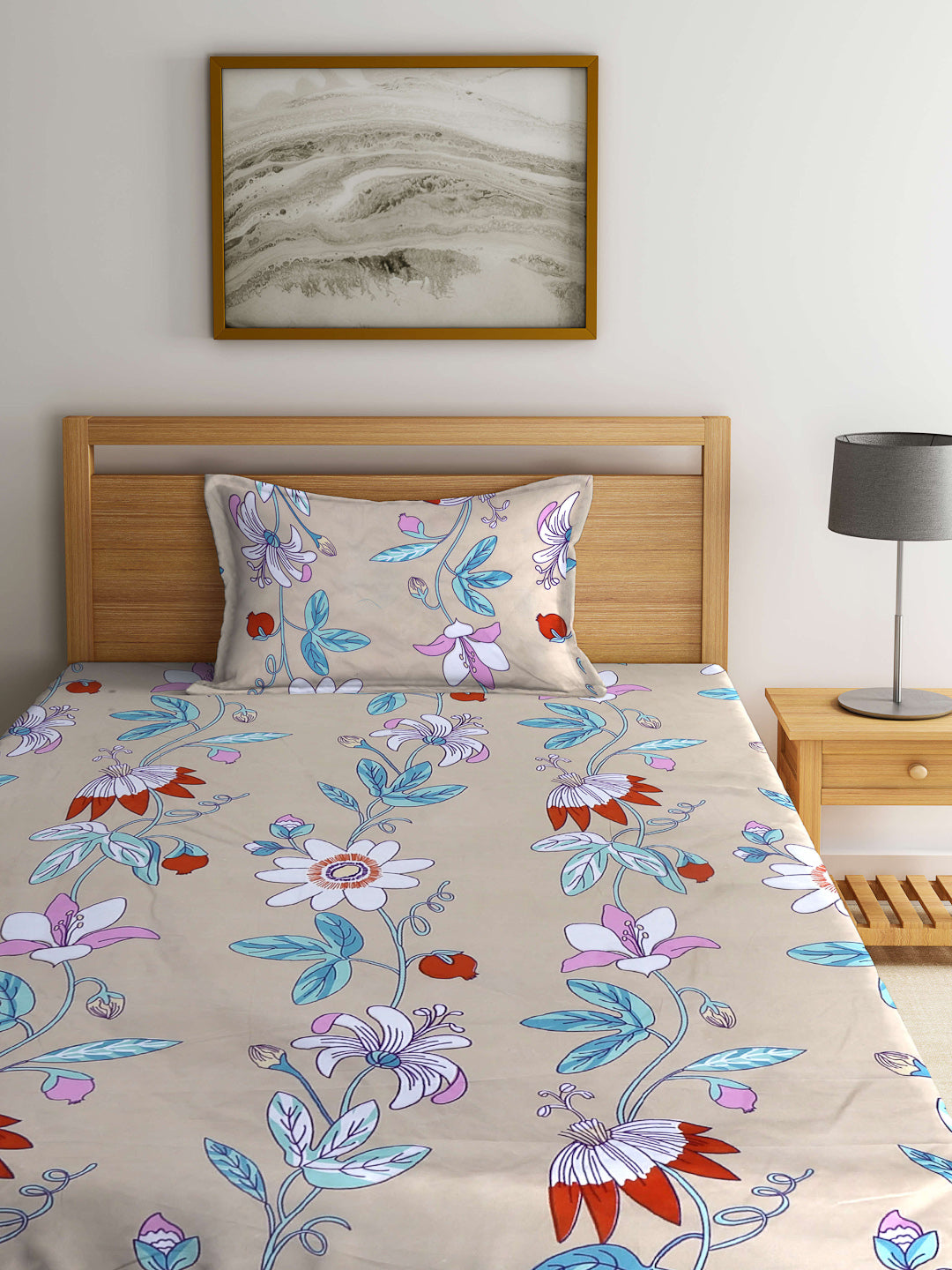 Arrabi Brown Floral TC Cotton Blend Single Size Fitted Bedsheet with 1 Pillow Cover (215 X 150 cm)