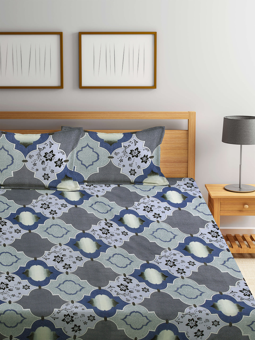 Arrabi Multi Graphic TC Cotton Blend King Size Bookfold Bedsheet with 2 Pillow Covers (250 X 220 cm)