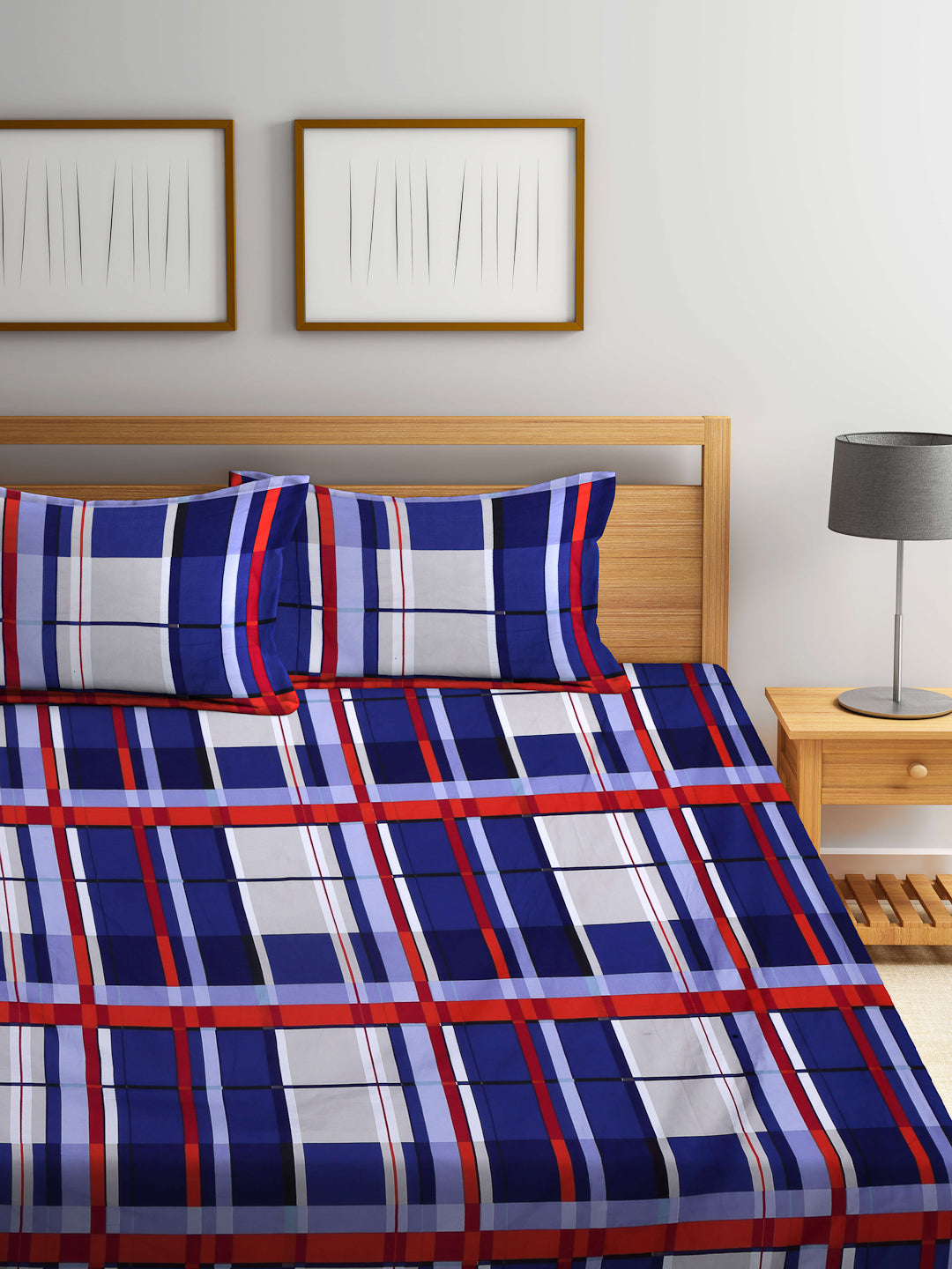 Arrabi Blue Geometric TC Cotton Blend King Size Bookfold Bedsheet with 2 Pillow Covers (250 X 215 cm)