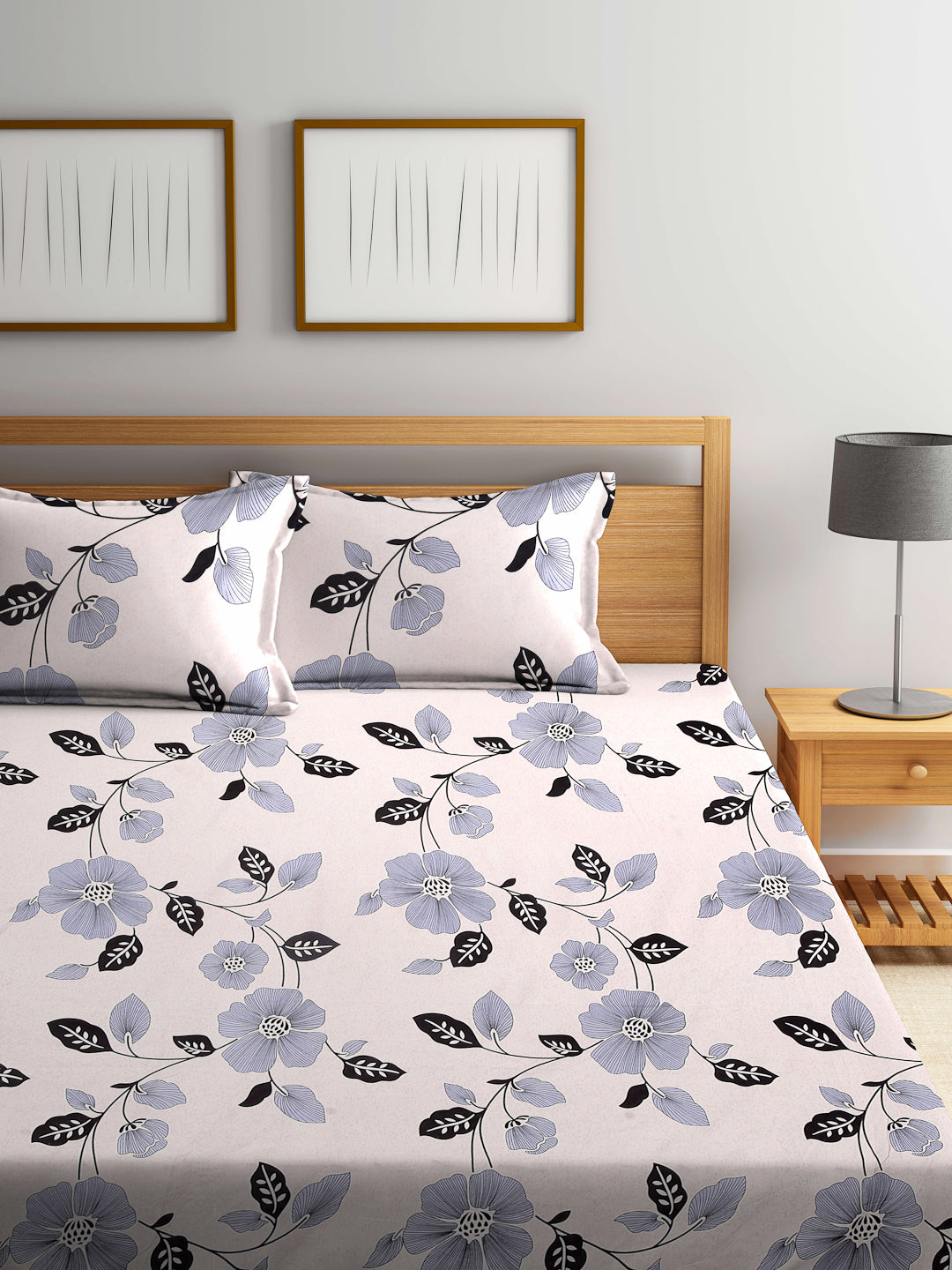 Arrabi Beige Floral TC Cotton Blend King Size Bookfold Bedsheet with 2 Pillow Covers (250 X 220 cm)