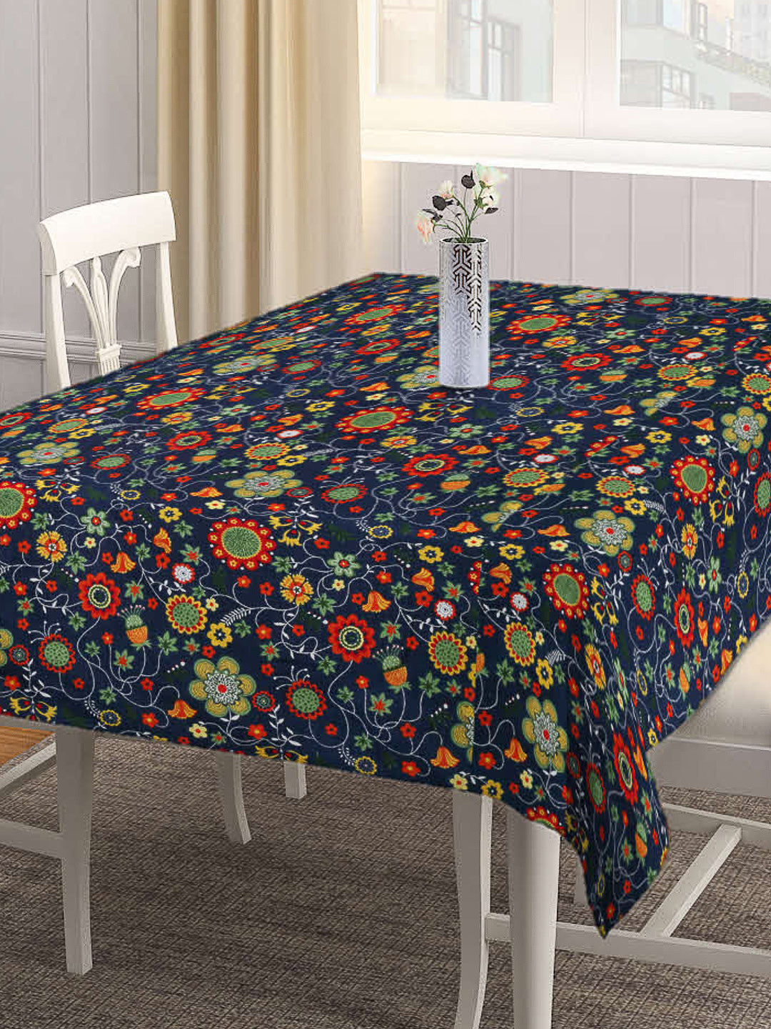 Arrabi Blue Floral Cotton Blend 8 SEATER Table Cover (215 X 150 cm)