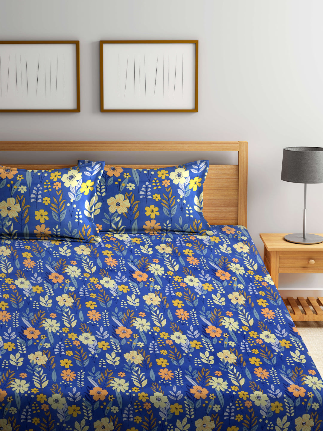 Arrabi Blue Floral TC Cotton Blend Super King Size Fitted Bedsheet with 2 Pillow Covers (270 X 260 Cm)