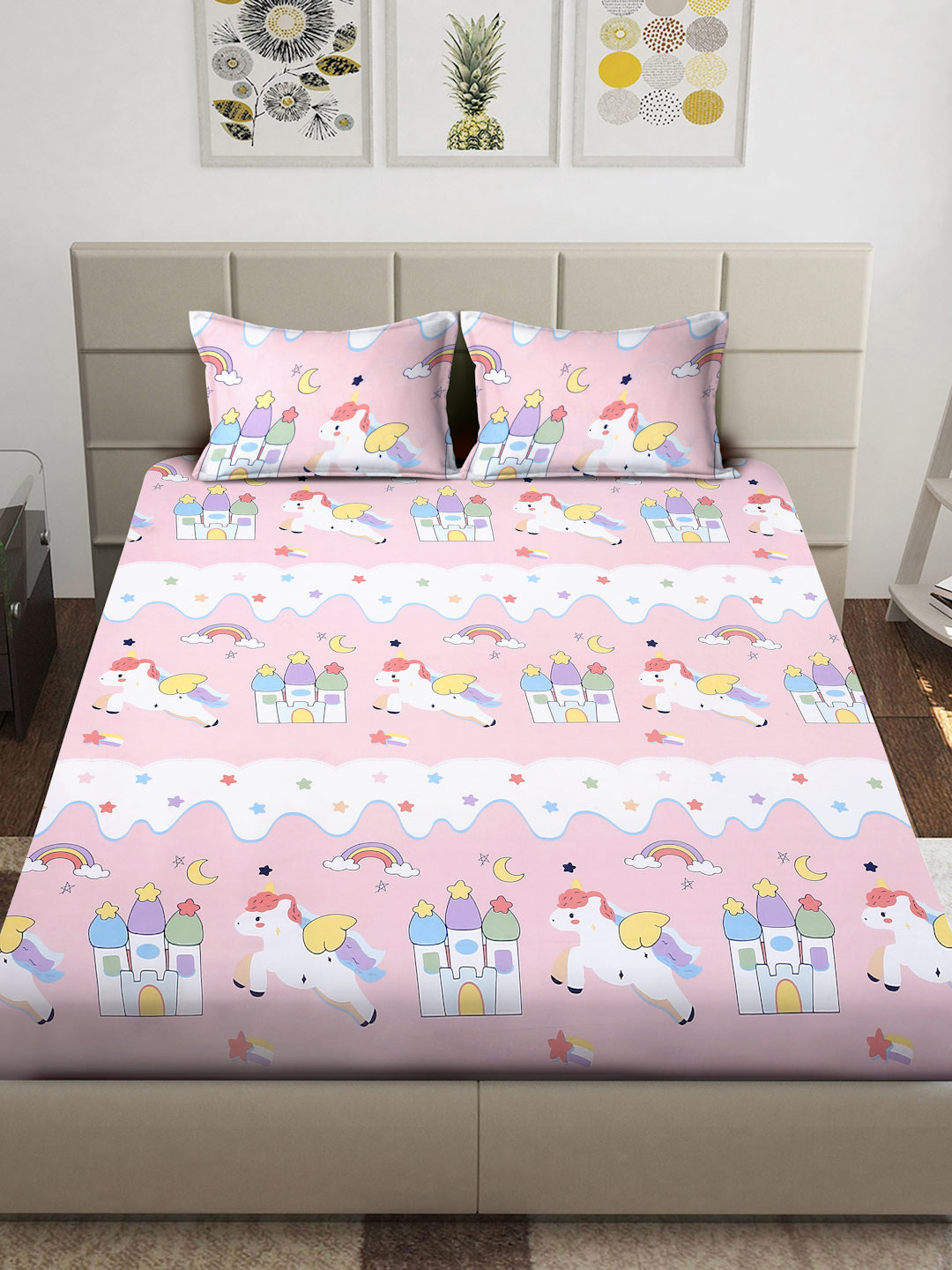 Arrabi Pink Cartoon TC Cotton Blend King Size Bedsheet with 2 Pillow Covers (250 x 215 cm)
