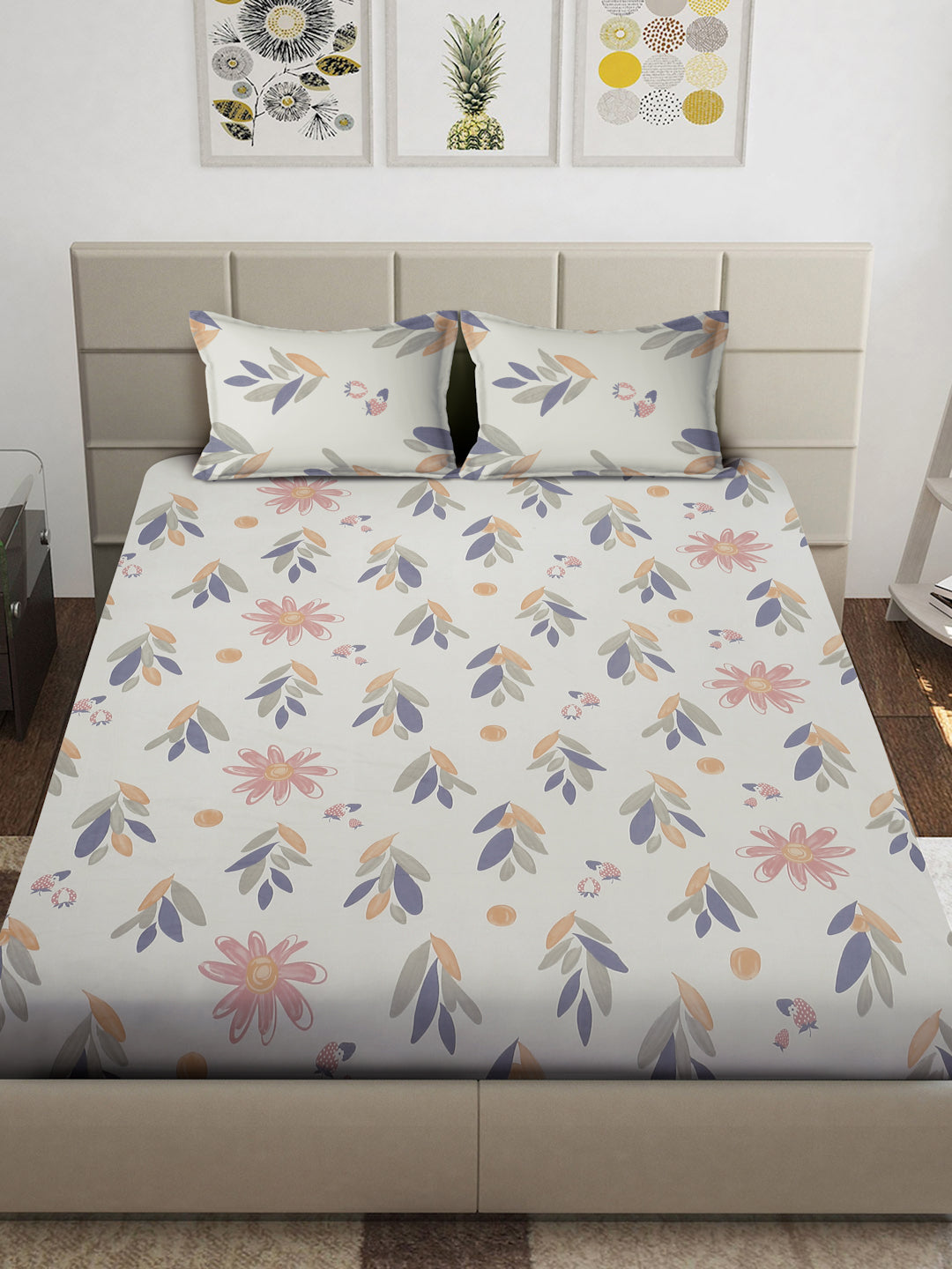 Arrabi Cream Floral TC Cotton Blend King Size Bedsheet with 2 Pillow Covers (250 x 215 cm)