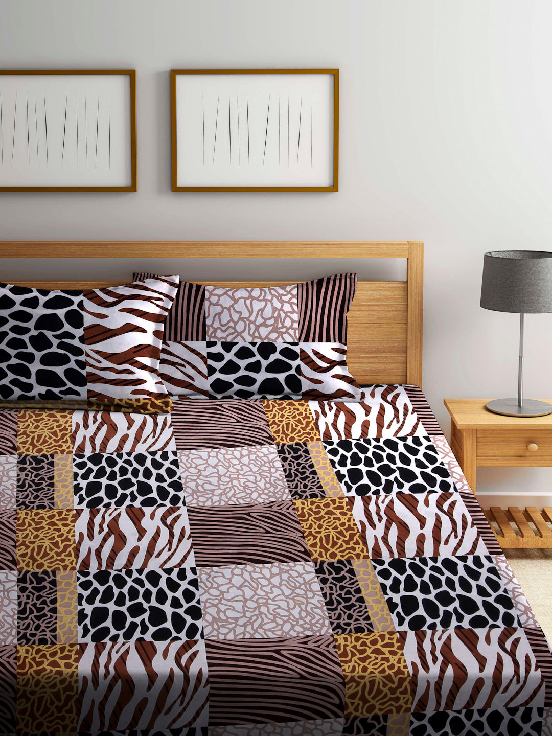 Arrabi Multi Graphic TC Cotton Blend King Size Bookfold Bedsheet with 2 Pillow Covers (250 X 220 cm)