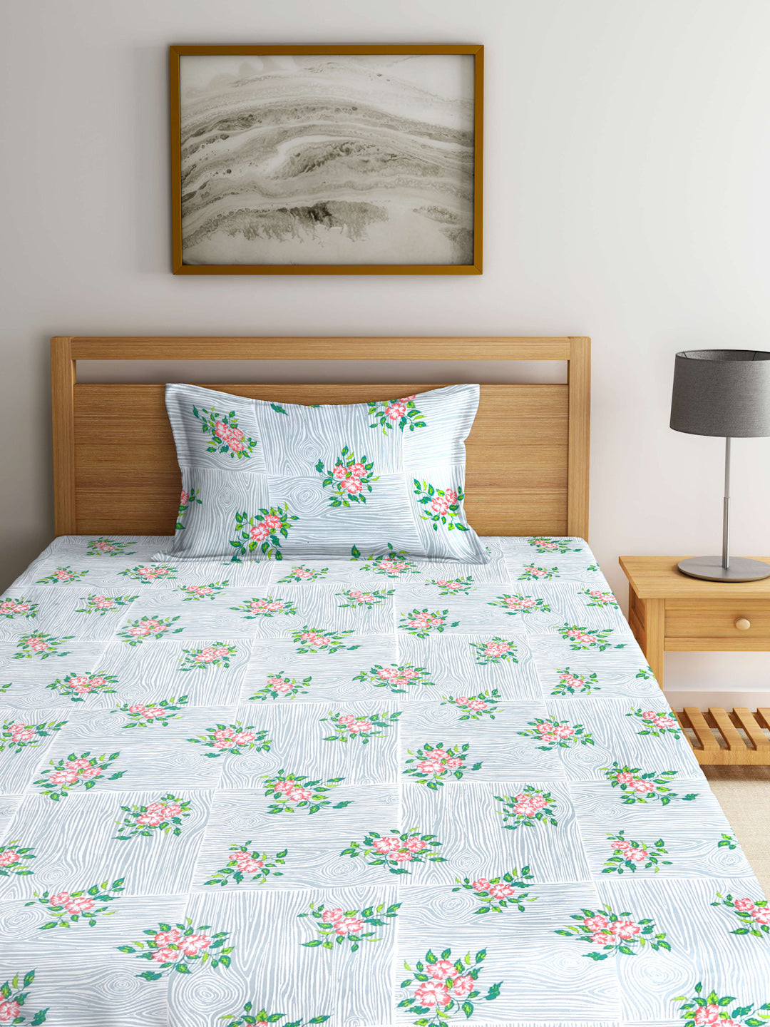 Arrabi Grey Floral TC Cotton Blend Single Size Fitted Bedsheet with 1 Pillow Cover (215 X 150 cm)