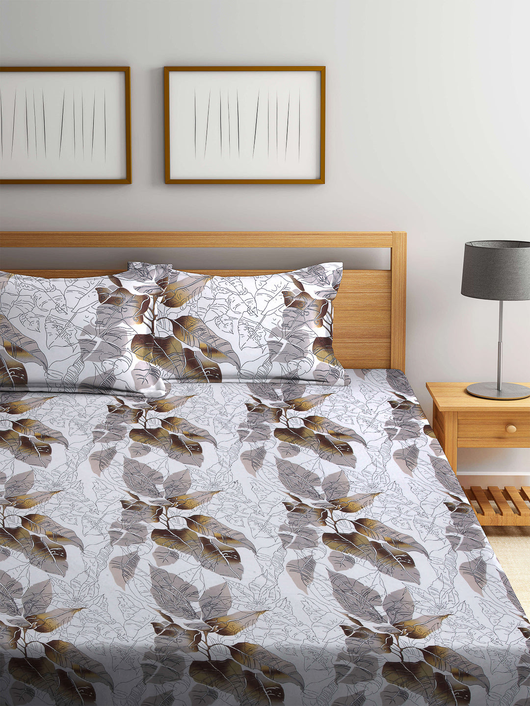 Arrabi Multi Leaf TC Cotton Blend Super King Size Fitted Bedsheet with 2 Pillow Covers (270 X 260 Cm)