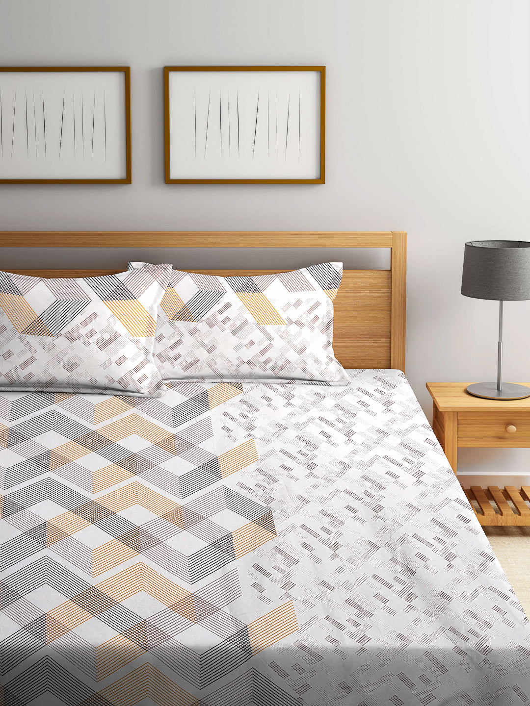 Arrabi Multi Geometric TC Cotton Blend King Size Bookfold Bedsheet with 2 Pillow Covers (250 X 215 cm)
