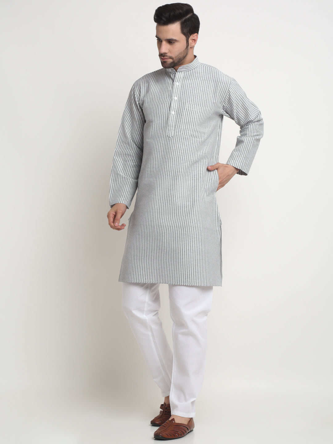 Arrabi Men Indian Fashion Grey Pure Cotton Stripped Straight Kurta