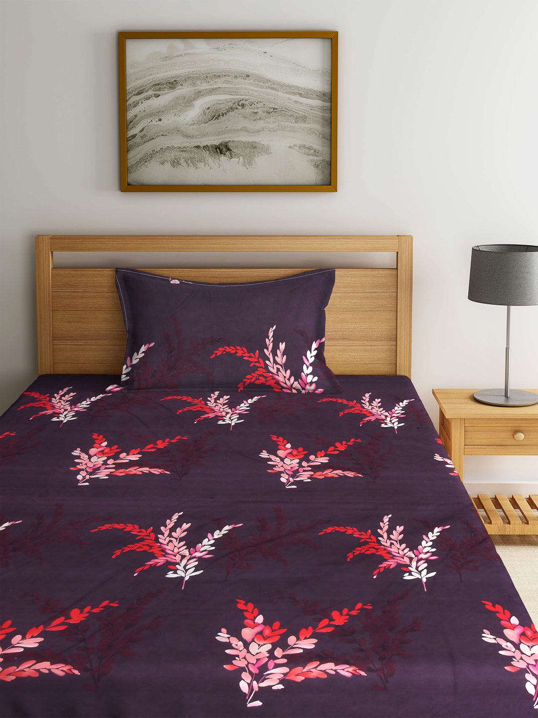 Arrabi Brown Floral TC Cotton Blend Single Size Fitted Bedsheet with 1 Pillow Cover (220 X 150 cm)